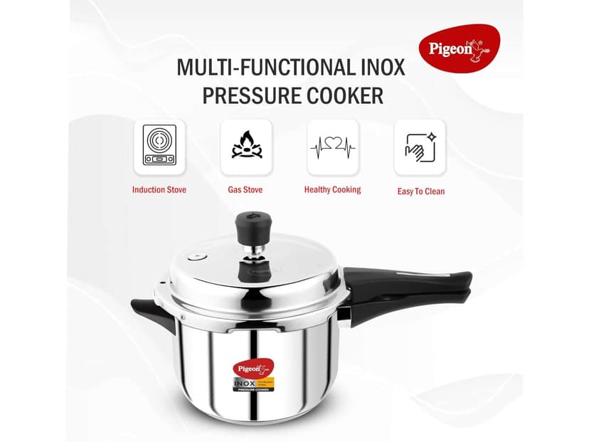 Pigeon Inox Stainless Steel Pressure Cooker Outer Lid, Induction Base, Silver - 5 Litre view 2
