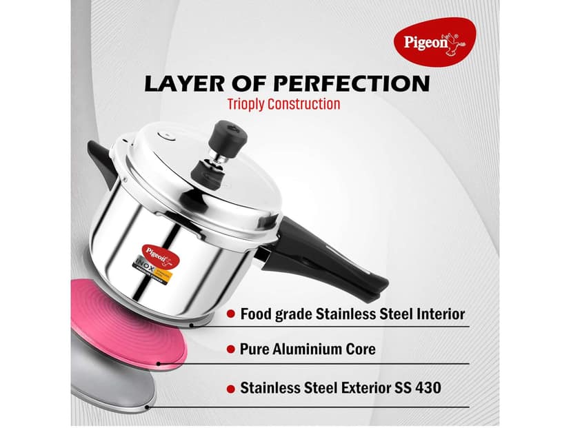 Pigeon Inox Stainless Steel Pressure Cooker Outer Lid, Induction Base, Silver - 5 Litre view 3