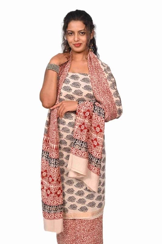 Handwoven White Cotton Silk Mix Maheshwari Bagh Print Suit Material 1STXSARMP00167-2 view 2