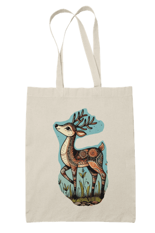 Prakrut India Canvas Tote Bag with Zipper & Inner Pocket, Tribal Folk Art Deer Print