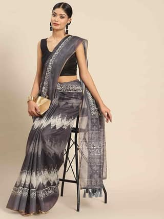 Women's Pure Cotton block print saree with unstiched blouse piece