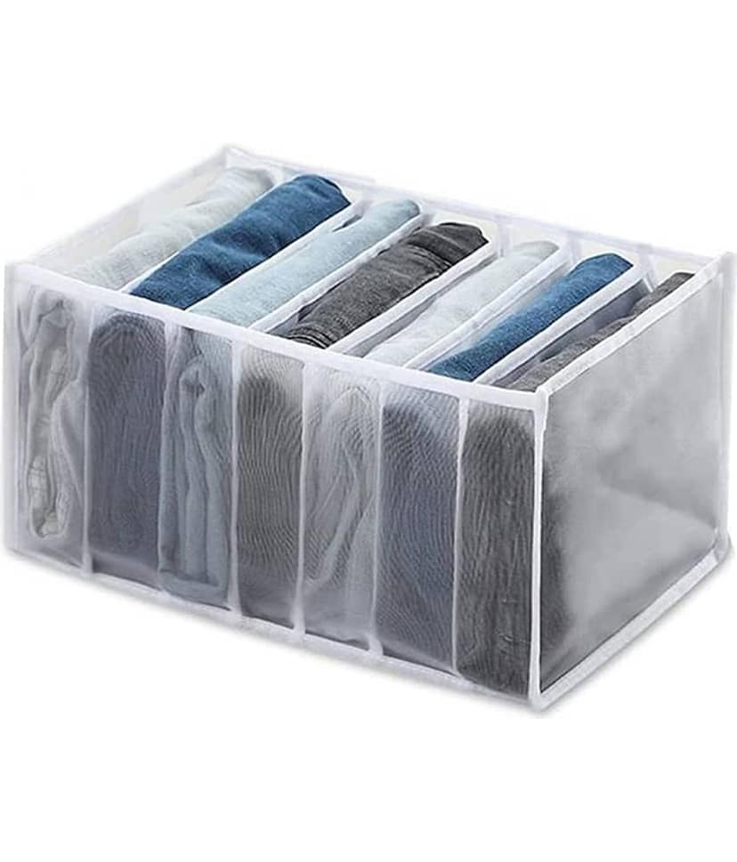 PVC 7 Compartments Foldable Wardrobe Storage Organisers for Shirt, Denims, Pants, T-Shirt,White (1U)