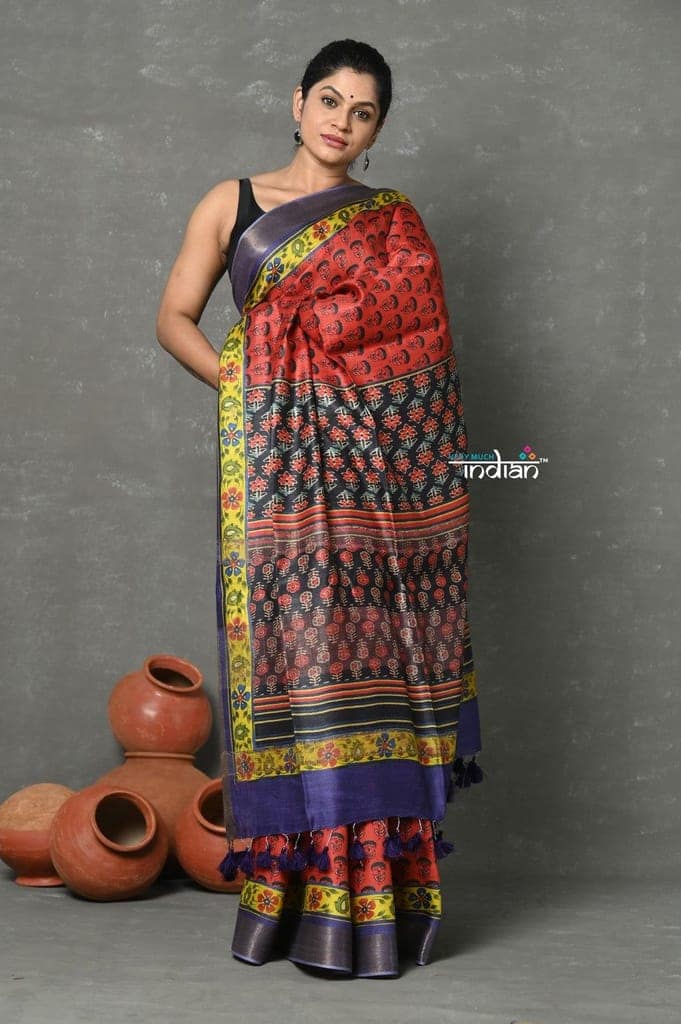 Tyohaar ~ Pure Tussar Silk Handloom with Kalamkari Print by Khadigram Certified Weavers ~ Red view 3