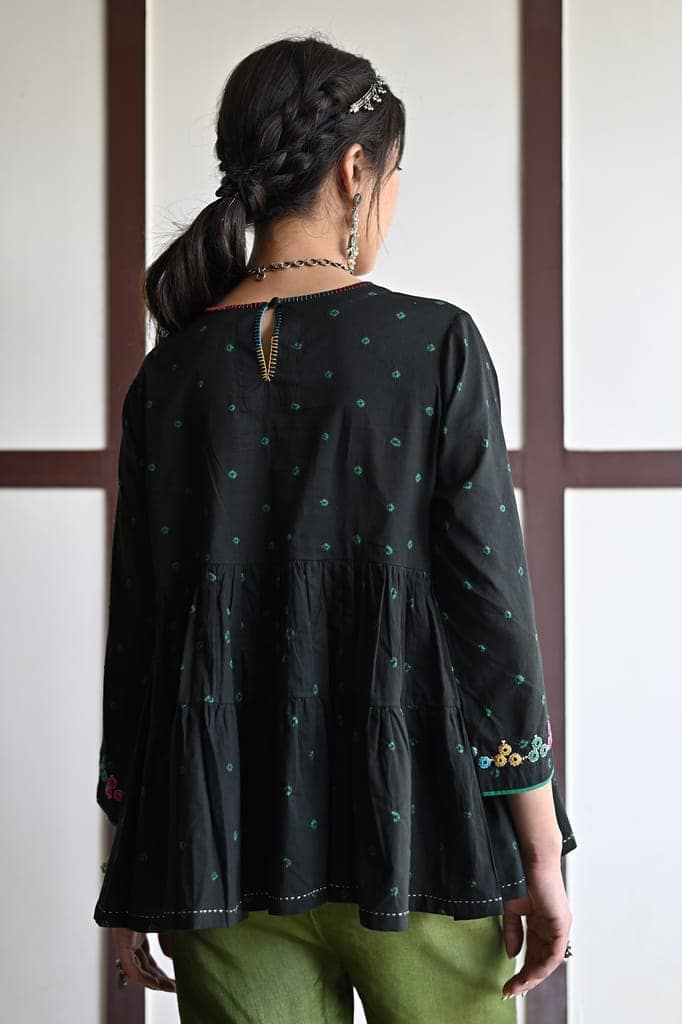 Kaanch Three-Quarter Sleeve Bandhej And Embroidered Black Top view 4