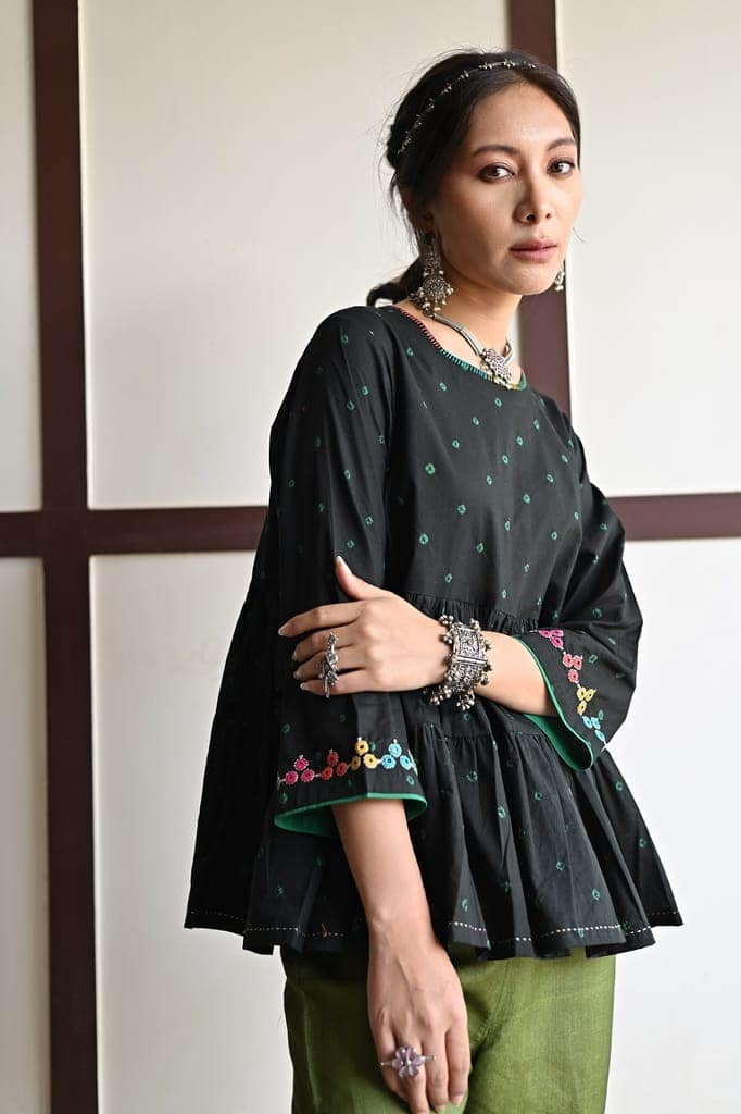 Kaanch Three-Quarter Sleeve Bandhej And Embroidered Black Top view 5