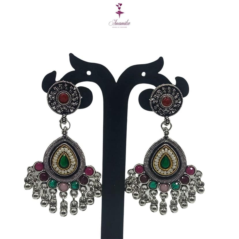 ANAMIKA Luxury Handcrafted Necklace Jewellery Set with Ear Rings, Oxidized, Oval Pendant, Pearls, Stones Green, Pink, Purple view 2