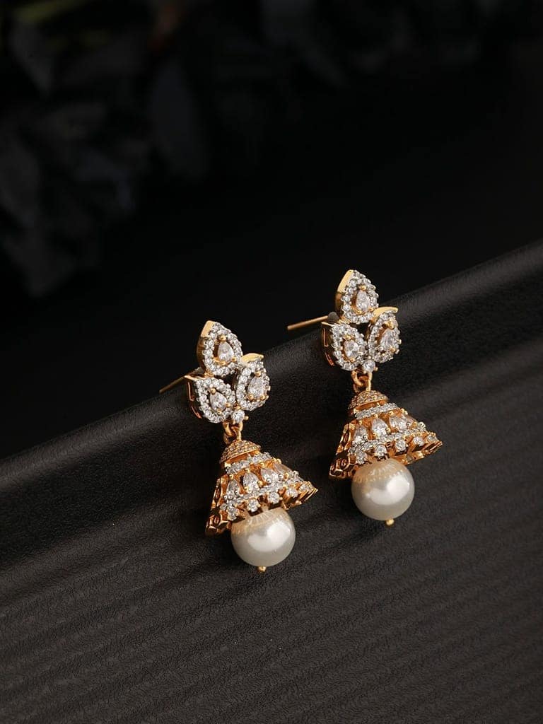Gold Plated Zircon & Pearl Beaded Minimal Jhumka Earring view 2