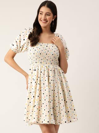 Print Puff Sleeve Crepe Smocked Fit & Flare Dress