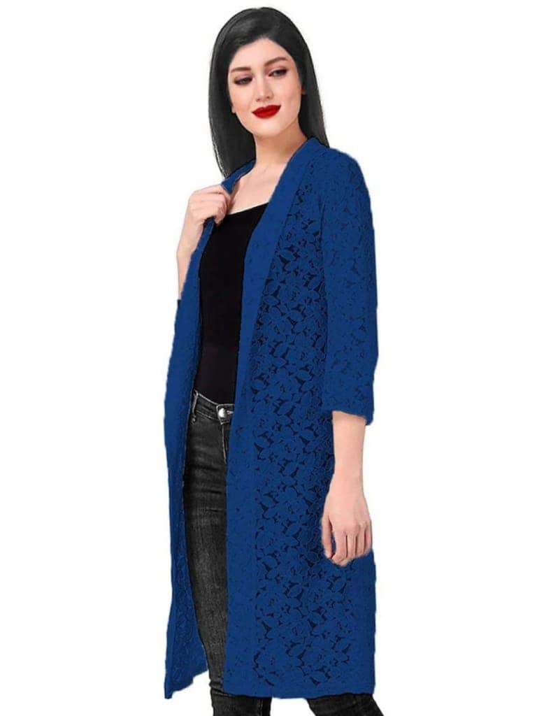 Long Sleeve Blue Shrug Formal Wear Cotton Net Shrug For Women & Girls Both. view 2