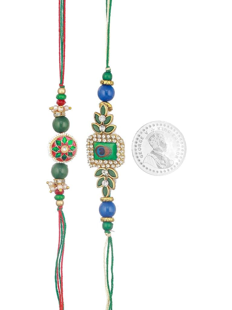 Set of 2 Kundan Green Meenakari Peacock Designer Rakhi with 999 Silver King George Round 10 gm Silver Coin view 2