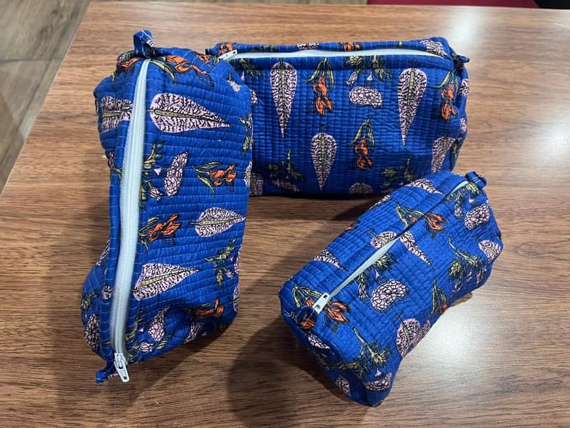 Quilted Cosmetic Pouches Set of 3, Blue Floral Print, Zippered Makeup Bags, Travel Organizer view 3