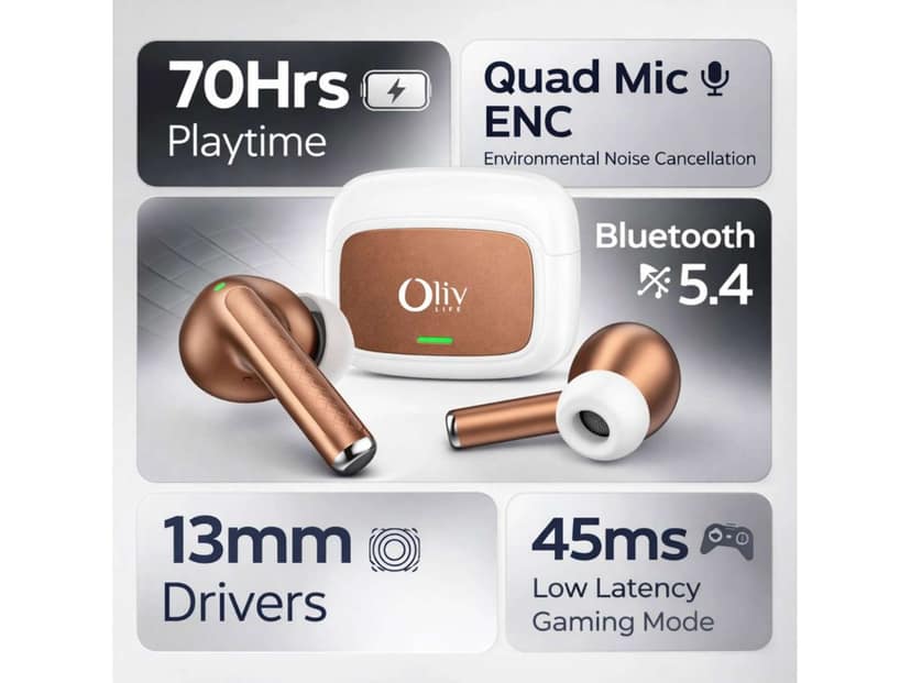OlivLife VELO True Wireless Earbuds, Bluetooth 6.0 in-Ear Headphones with ENC Mic, 14H Playtime, Deep Bass, Premium Sound, Type-C Fast Charging Case - White Brown view 2