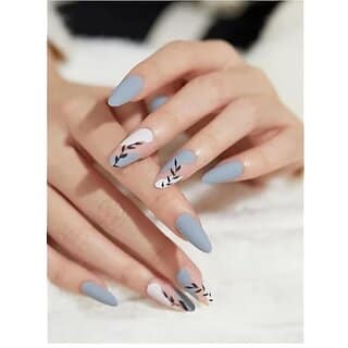 Press On Nails Long Almond Shape 24 Pcs Matte Blue and Pink Leaf Design Fake Nails with Long Lasting Korean Liquid Nail Glue and Nail File Stick On Nails Art Kit for Women and Girls Reusable False Nails Extension by Indie Nails