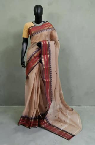 Handwoven Kanchipuram Cotton-Silk Saree in Beige with Blue Border
