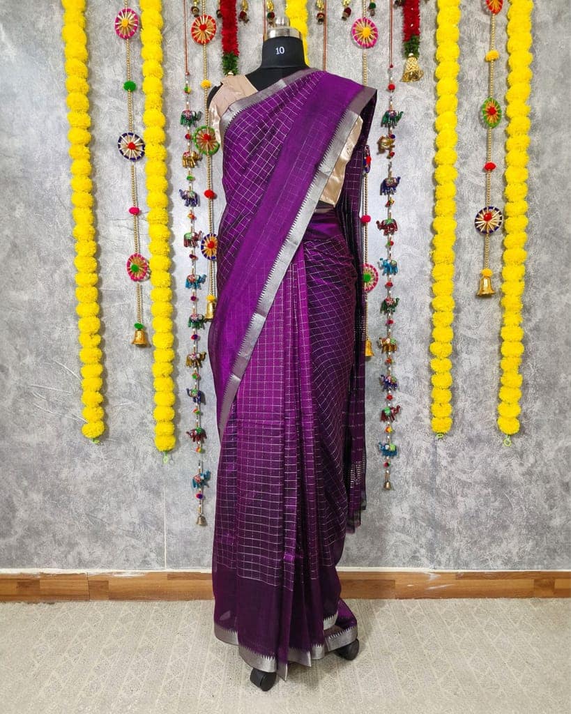 Mangalagiri Pattu Silk Saree checks design Japanese Violet Color with running blouse-2881 view 2