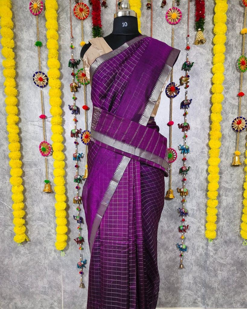 Mangalagiri Pattu Silk Saree checks design Japanese Violet Color with running blouse-2881 view 5