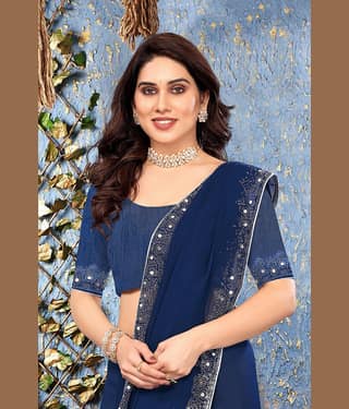VEERAIVA Chiffon Embellished Regular Saree With Unstitched Blouse Piece ( Blue )
