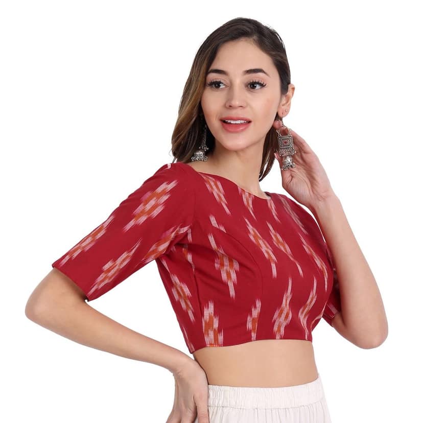 Ikkat Cotton Back Open Blouse ,Red view 3