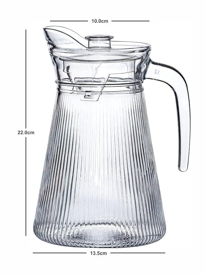 Italian Premium Glass Water Jug with Plastic Lid & Handle | 1.3 Littre |Transparent Carafe for Home, Office | Pitcher for Serve Water, Milk, Juice, Beverage, Chaas, Cocktail | view 2