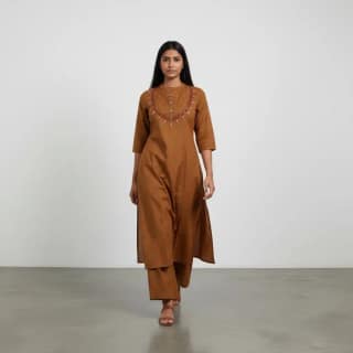 Handloom Cotton Co-Ord Set with Hand Embroidery in Chocolate Brown