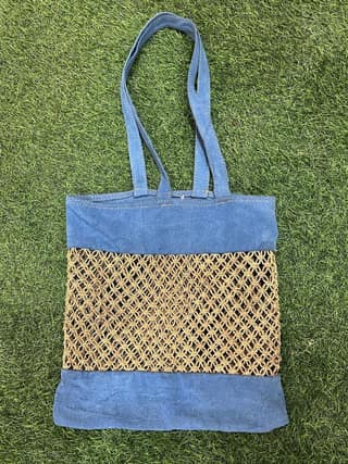 Water Hyacinth with Indigo Dyed Canvas Tote Bag .