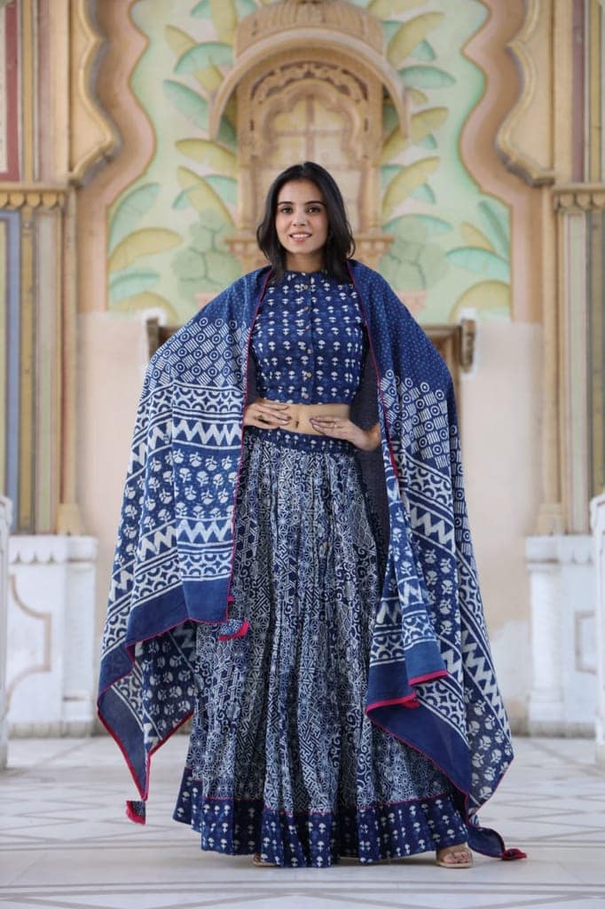 Cotton Lehanga Handblock Printed Indigo Blue Color and Top With Mulmul Dupatta (Size 34-46)-9064 view 2