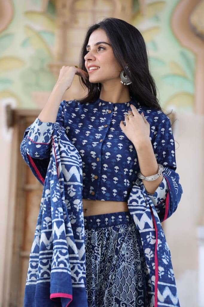 Cotton Lehanga Handblock Printed Indigo Blue Color and Top With Mulmul Dupatta (Size 34-46)-9064 view 3