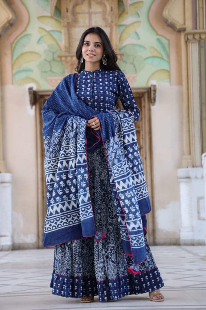Cotton Lehanga Handblock Printed Indigo Blue Color and Top With Mulmul Dupatta (Size 34-46)-9064 view 4