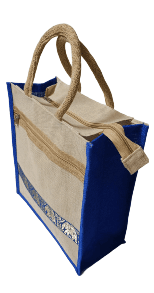 Blue colour jute bag with elephant design view 2
