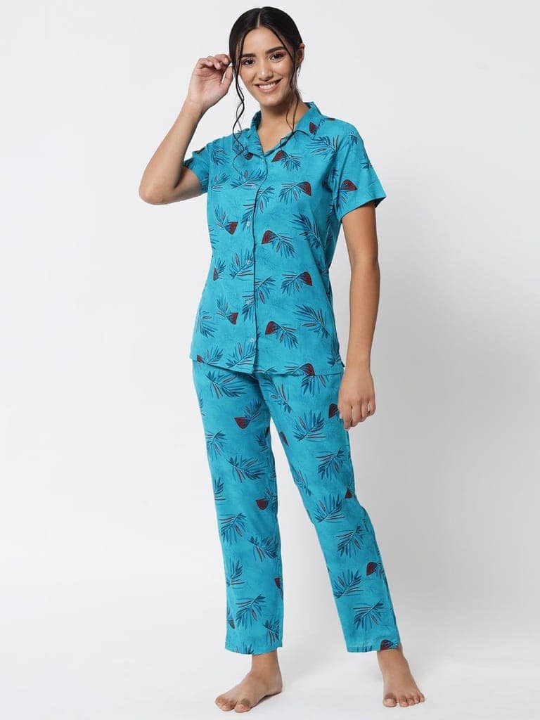 Printed Button Up Blue Nightsuit For Women With Pockets in Pyjamas N75S0 view 2