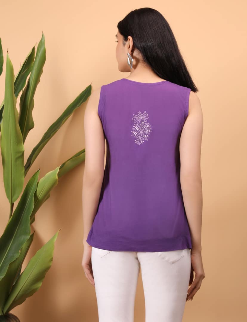 Shwet Women Purple Chikankari Sleevless Yoke Top view 3