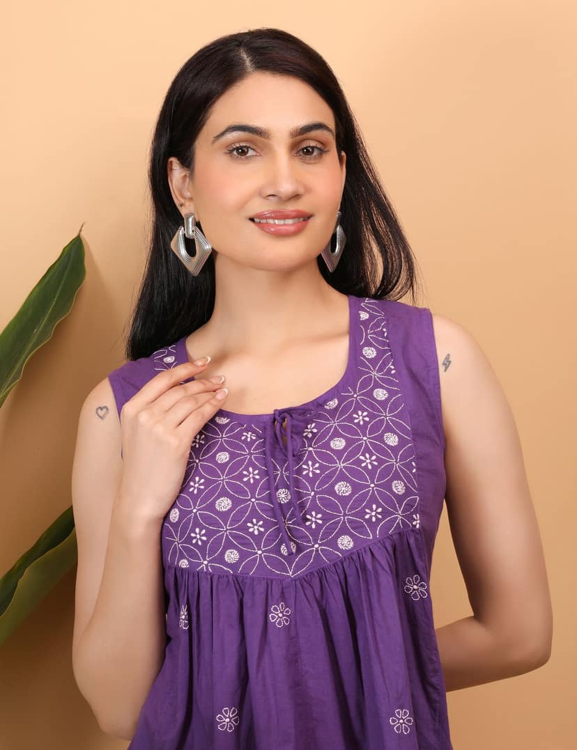 Shwet Women Purple Chikankari Sleevless Yoke Top view 5