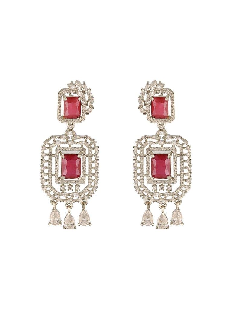 Silver Toned Red Ruby Studded Elegant Cocktail Drop Earrings view 5