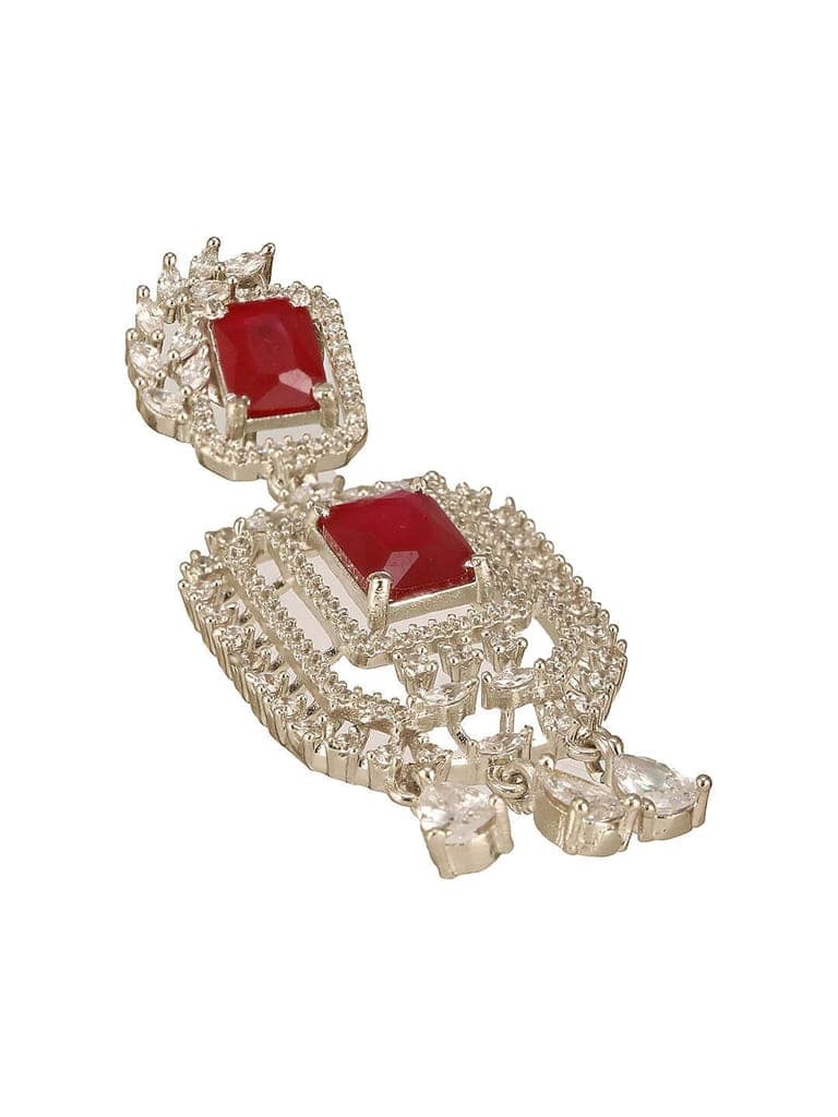 Silver Toned Red Ruby Studded Elegant Cocktail Drop Earrings view 7