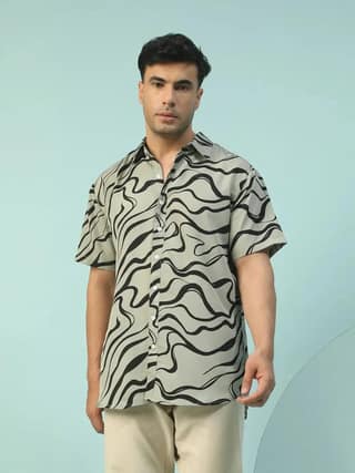 Alpha Green Swril Print Collared Short Sleeve Men Oversized Shirt