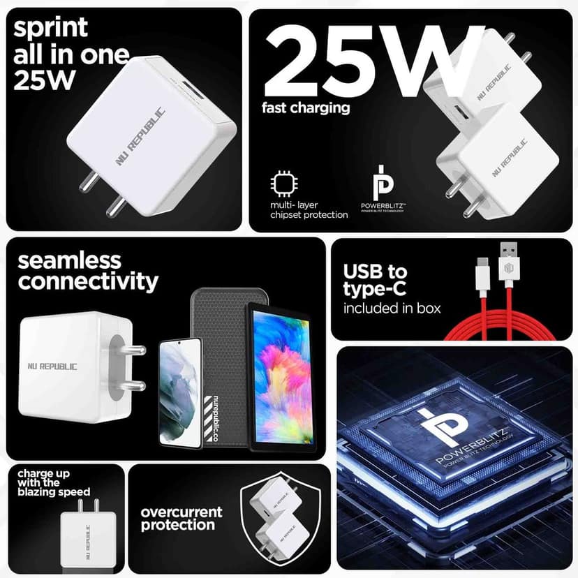 Sprint All In One 25W 5A Fast Charging Adapter with Cable (USB To Type-C) view 3