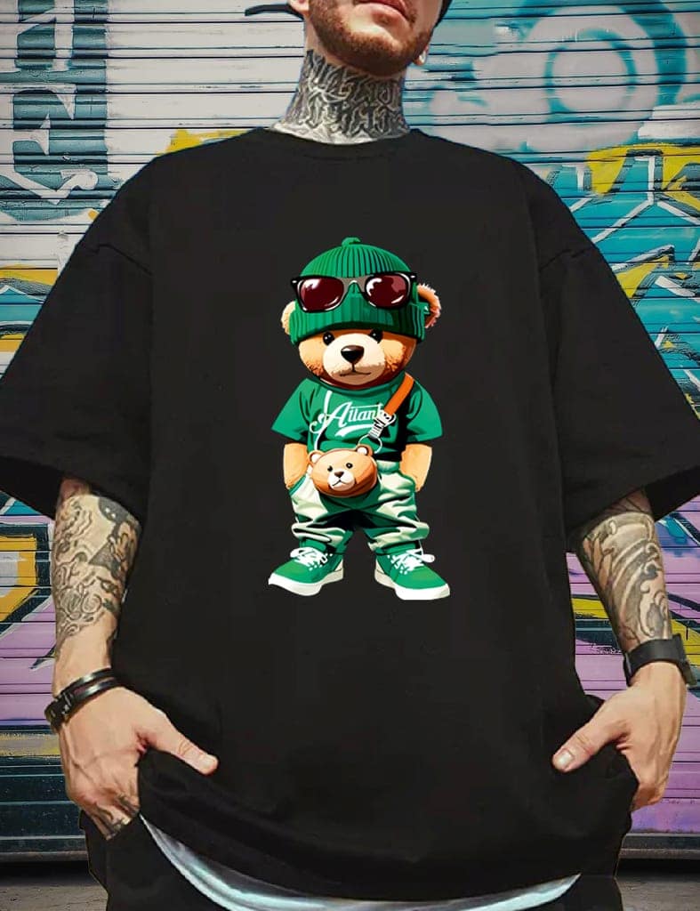 SCOTT FINCHER Men's Streetwear T-Shirt with Bear Graphic : AA(ARN)BLACK_254