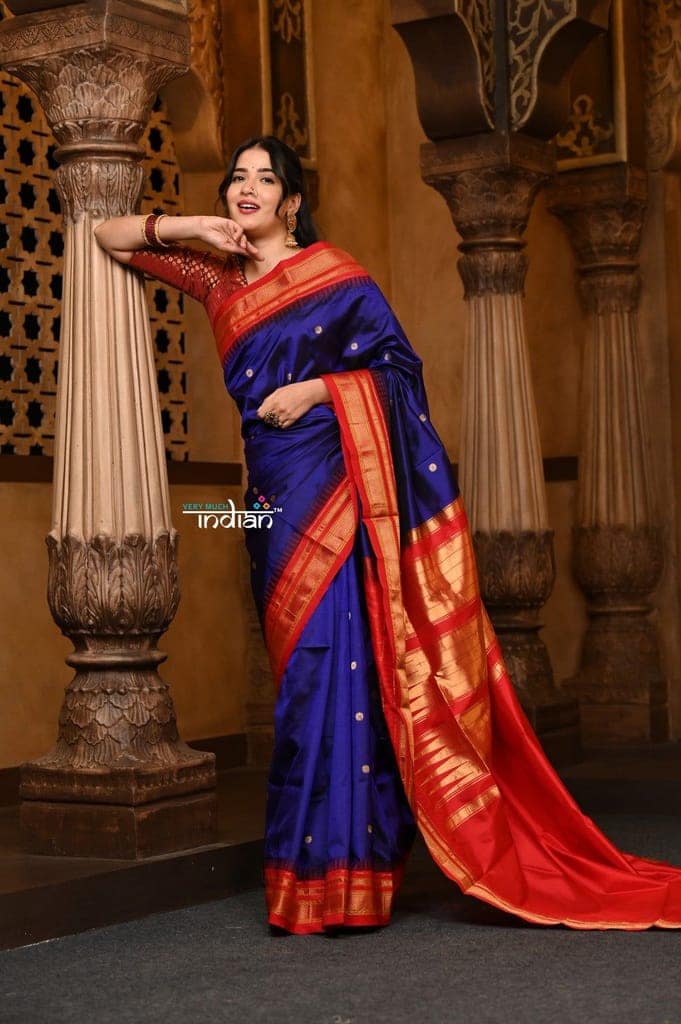 Parampara Revived ~ Gadwal Pure Silk Handloom Saree inRoyal Blue with Red Border
