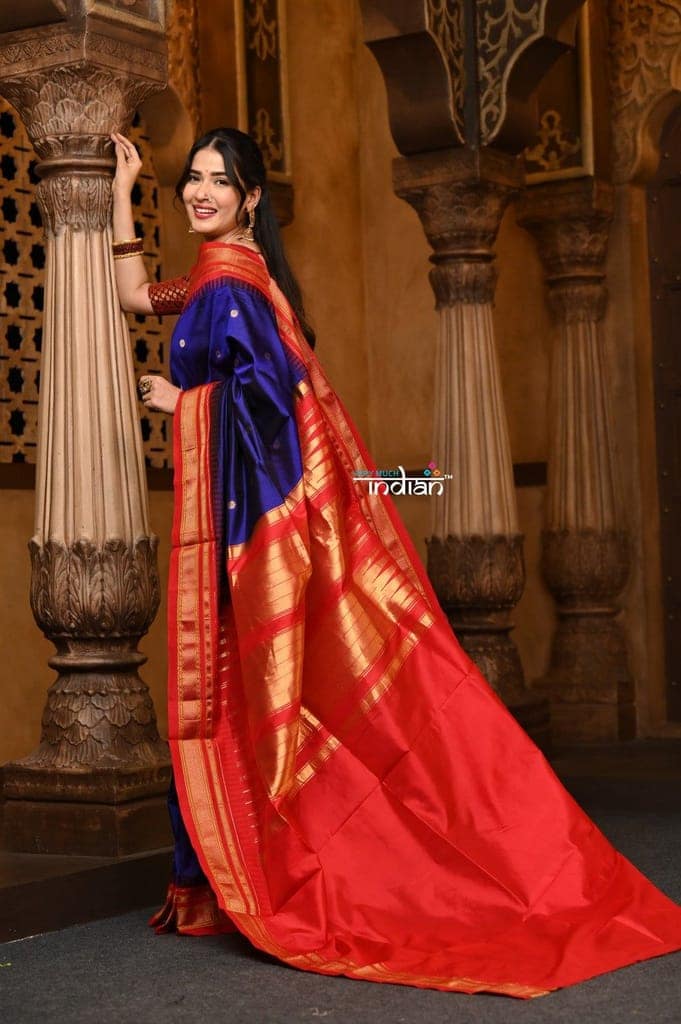 Parampara Revived ~ Gadwal Pure Silk Handloom Saree inRoyal Blue with Red Border view 2