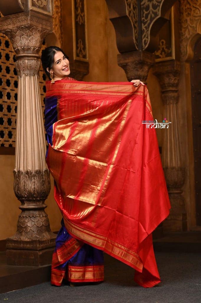 Parampara Revived ~ Gadwal Pure Silk Handloom Saree inRoyal Blue with Red Border view 3