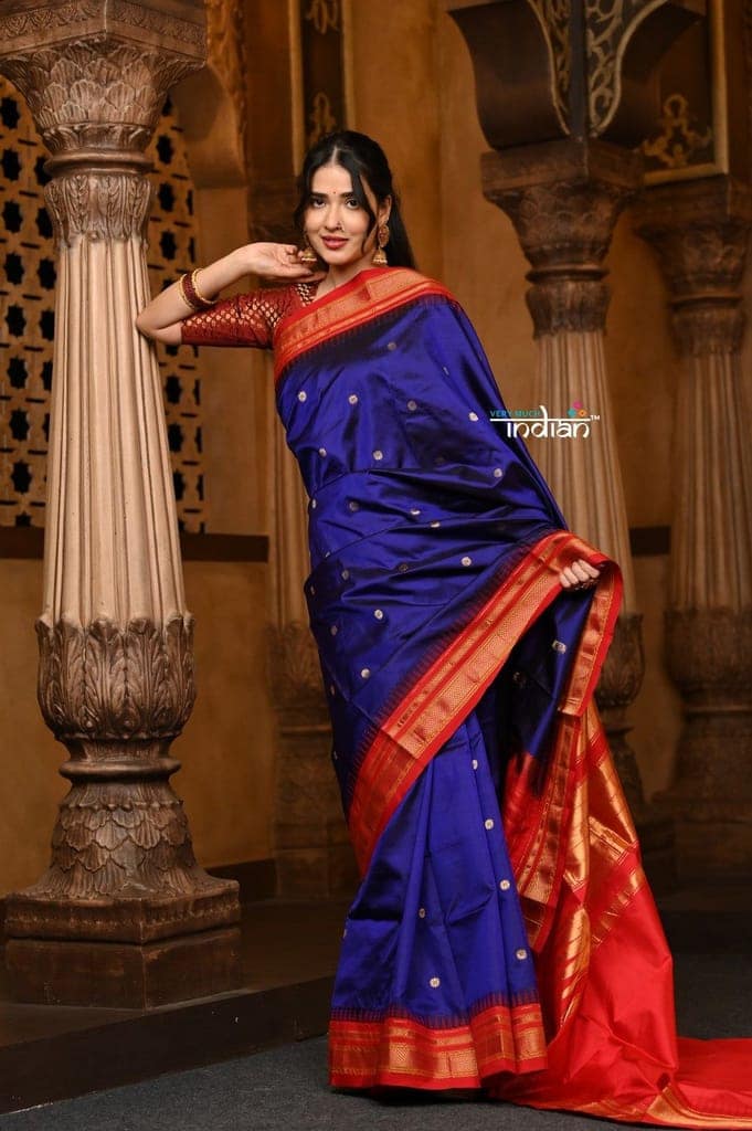 Parampara Revived ~ Gadwal Pure Silk Handloom Saree inRoyal Blue with Red Border view 4