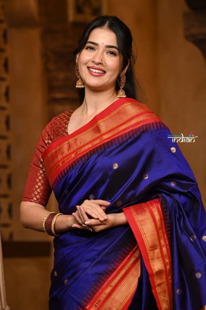 Parampara Revived ~ Gadwal Pure Silk Handloom Saree inRoyal Blue with Red Border view 5