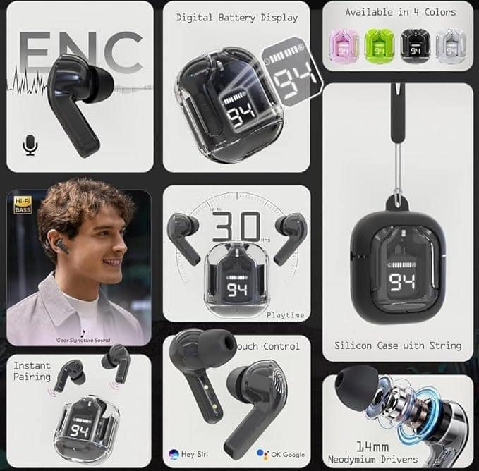 UltraPods Max Earbuds Pro Bluetooth 5.3 | Transparent Design | Fast Charging | 13mm HD Bass Drivers | Built-in Mic | Running, Outdoors, Music Sound (Multi Colour) (Random Colour) view 4