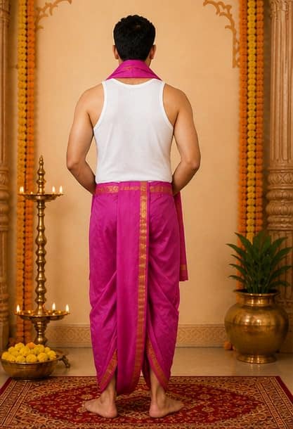 Mom and Me Men Free size Dhoti/Pancha/Dhotar Ready-to-Wear Indian Traditional Ethnic Comfortable soft Silk fabric Special for Weddings, Festivals, Ganpati and satyanarayan puja Quick wear (Purple) view 2