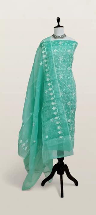 Kota Doria Dress Material Sea Green Floral Jaal