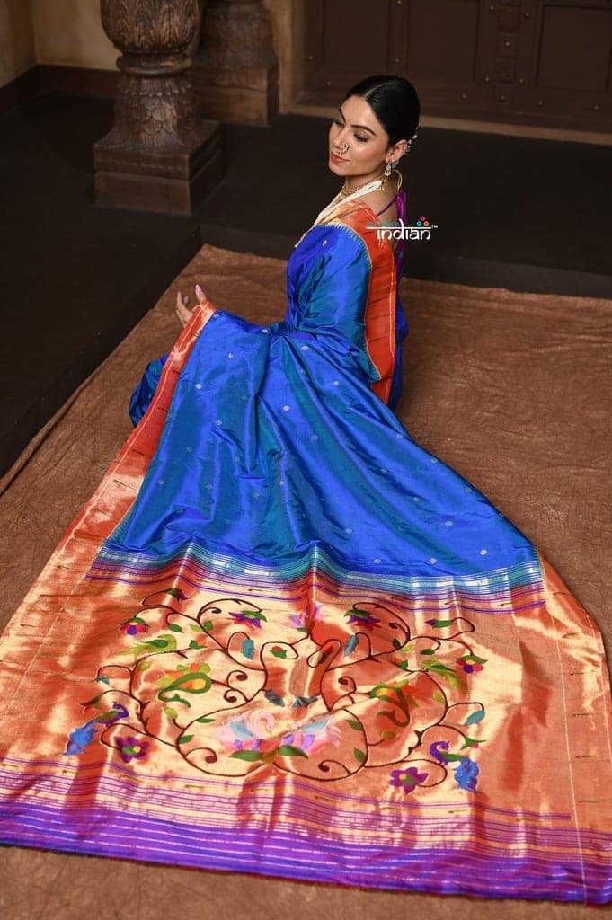 Parampara ~ Handloom Pure Silk Paithani with Signature Muniya Border & Majestic Swan Pallu in Rare Powder Blue view 2