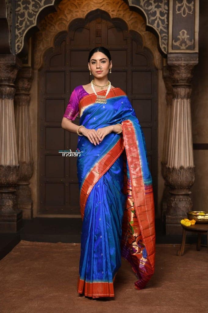 Parampara ~ Handloom Pure Silk Paithani with Signature Muniya Border & Majestic Swan Pallu in Rare Powder Blue view 3