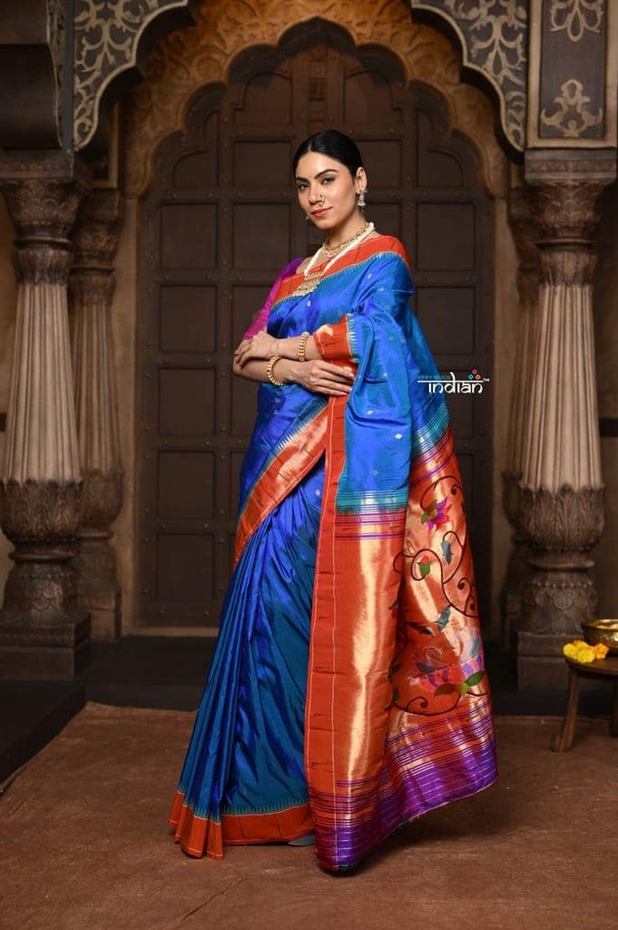 Parampara ~ Handloom Pure Silk Paithani with Signature Muniya Border & Majestic Swan Pallu in Rare Powder Blue view 4