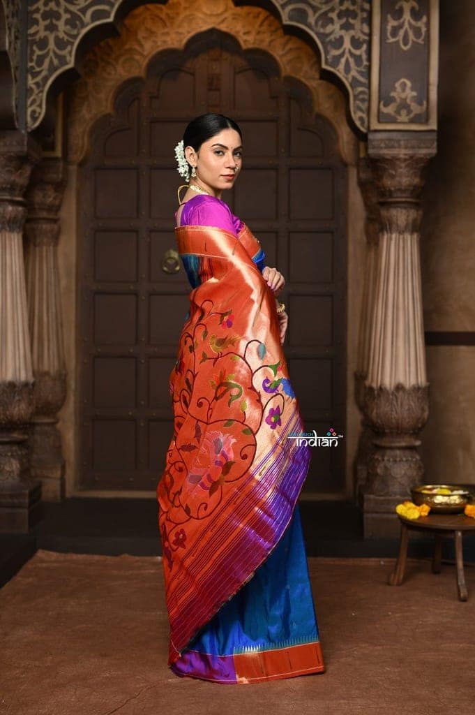 Parampara ~ Handloom Pure Silk Paithani with Signature Muniya Border & Majestic Swan Pallu in Rare Powder Blue view 5