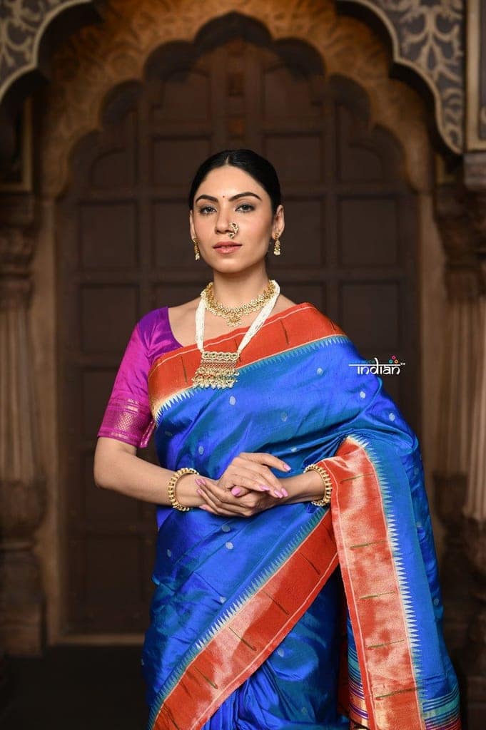 Parampara ~ Handloom Pure Silk Paithani with Signature Muniya Border & Majestic Swan Pallu in Rare Powder Blue view 6